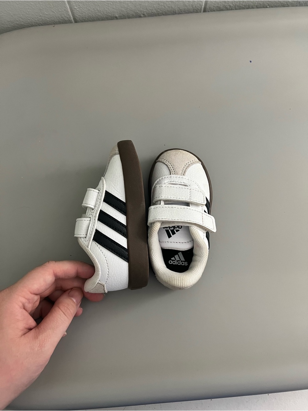 adidas Kids White and Black Velcro Sneakers with Brown Sole